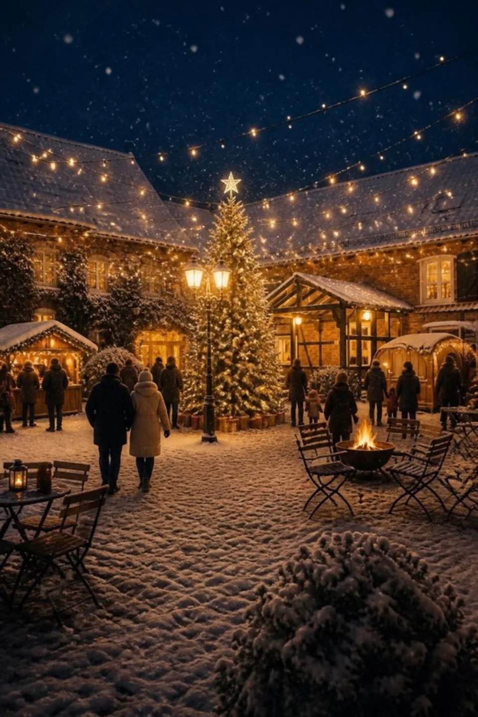 Visualisierung: verschneiter Innenhof mit Weihnachtsmarkt bei Nacht