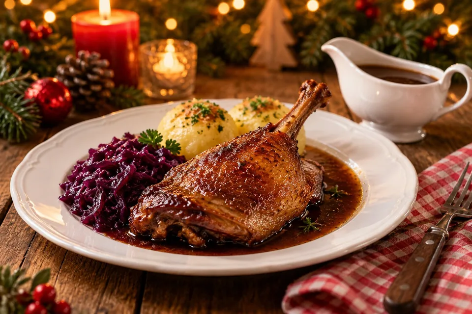 Visualisierung: gebratene Ente mit Rotkohl, Klößen und Sauce