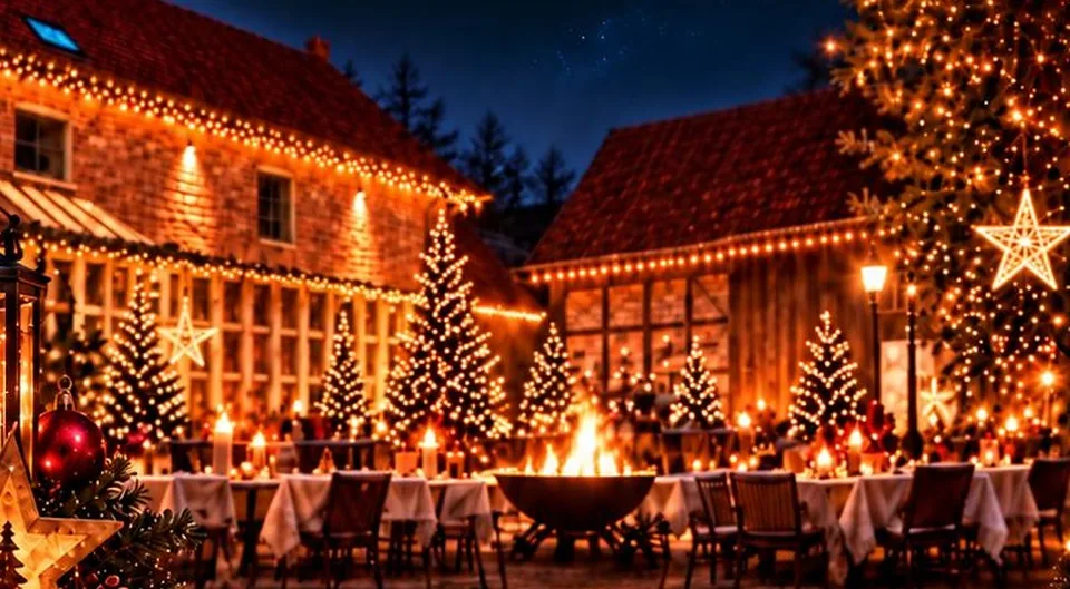 Visualisierung: festlich gedeckte Tafeln im weihnachtlichen Innenhof